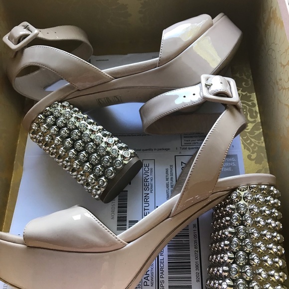 Miu Miu Jeweled Heel Ankle Strap Platforms in Nude - Picture 3 of 8